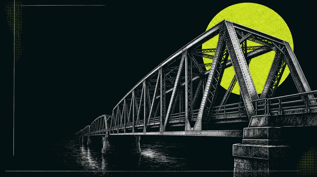 Ponte de treliça de aço se afastando ao longe