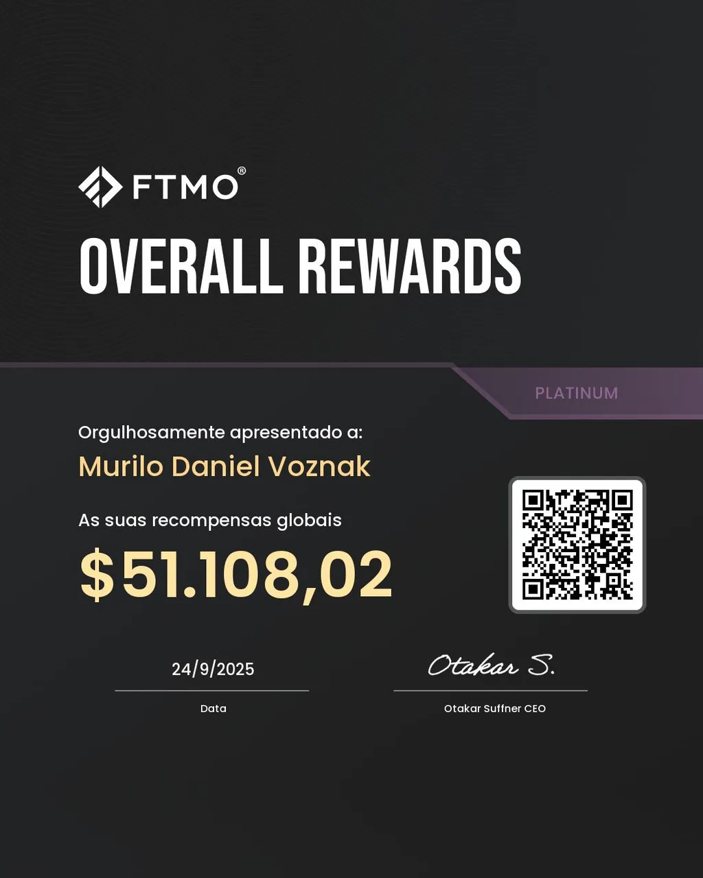 Certificado Overall Rewards emitido pela mesa proprietária FTMO no valor de US$ 51.108,02.