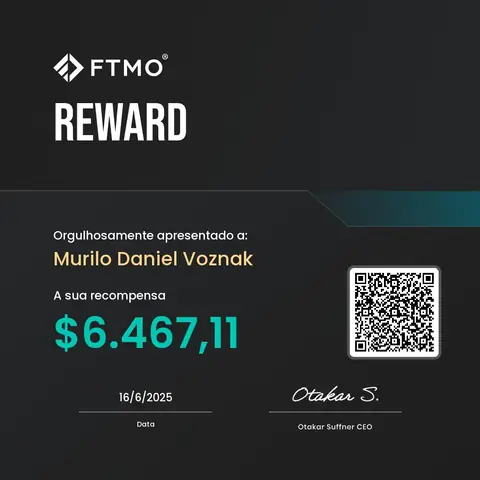 Certificado de saque emitido pela mesa FTMO, no valor de US$ 6.467,11, em 16/06/2025.
