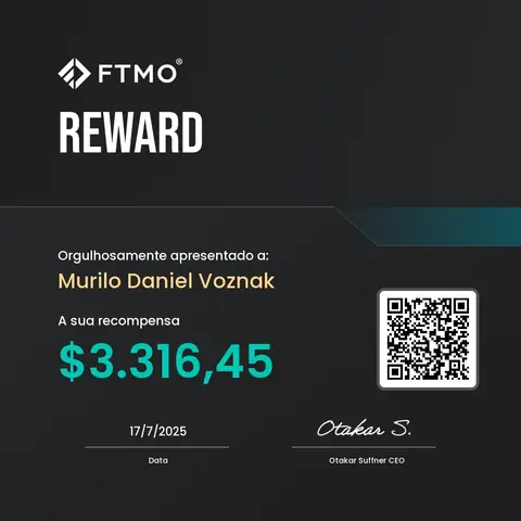 Certificado de saque emitido pela mesa FTMO, no valor de US$ 3.316,45, em 17/07/2025.