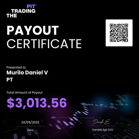 Certificado de saque emitido pela mesa The Trading Pit, no valor de US$ 3.013,56, em 24/09/2025.