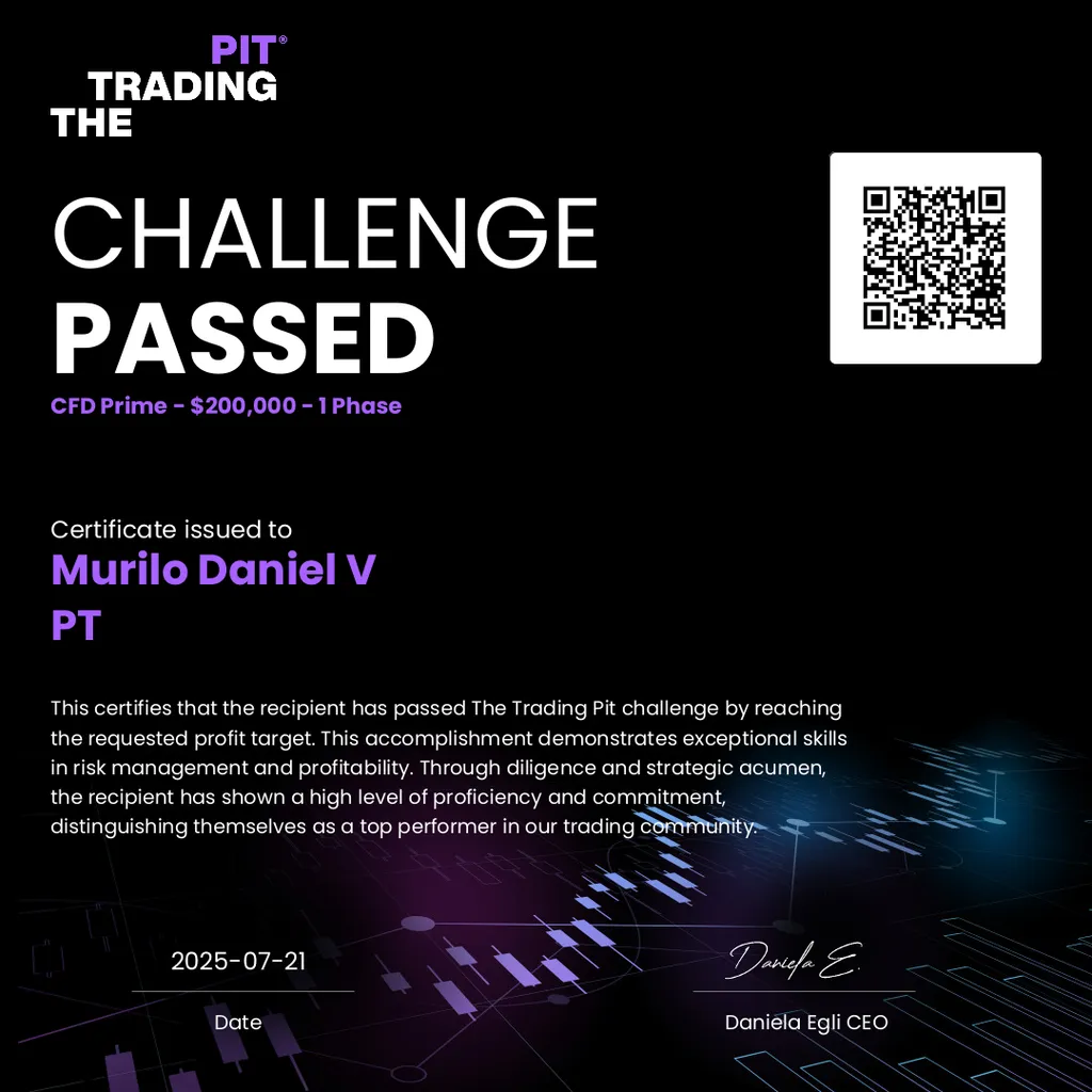 Certificado Challenge Passed emitido pela mesa proprietária The Trading Pit, programa CFD Prime de 200 mil dólares em fase única, datado de 21 de julho de 2025.